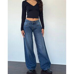 Motel Rocks Womens Roomy Extra Wide Low Rise Jean Cotton In College Blue Size 26